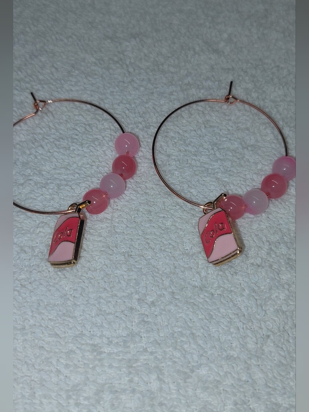 Pink Beaded Hoop Earrings with Pink Enamel Charm